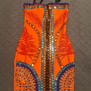 Orange Embellished Bodycon Dress